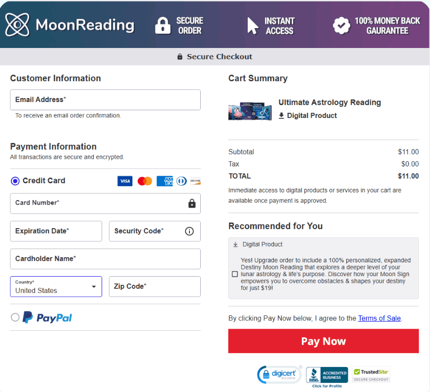 moon reading checkout Page